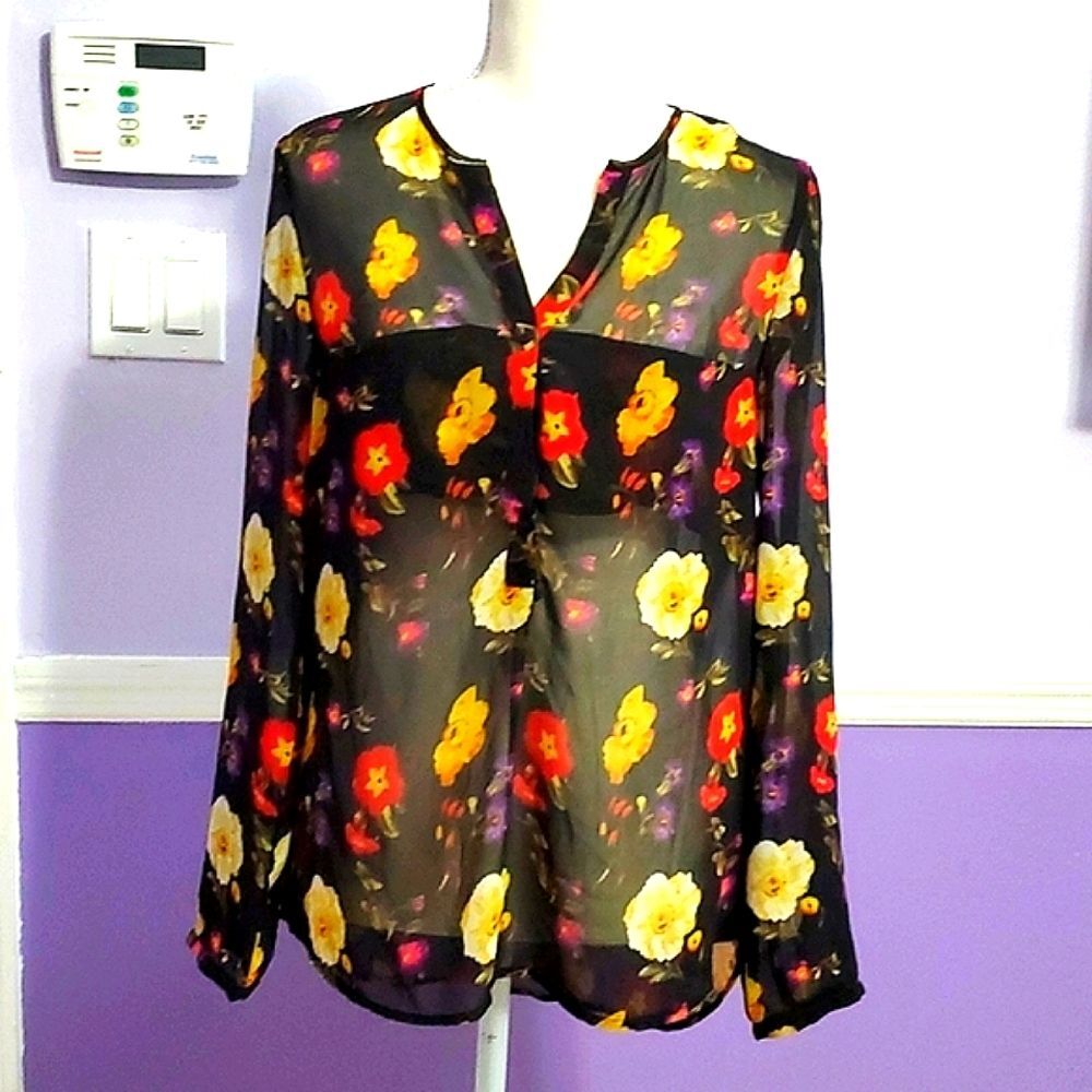 Zara Trafaluc Black Colorful Floral Sheer Long Sleeve Relaxed Dressy Shirt XS